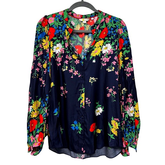 Boden Tops - Boden Anna Blouson Sleeve Blouse Navy Blue Floral Silk Blend Button US 6 UK 10